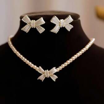 3pcs Pearl Bow Pendant Necklace And Earrings Set, Fashionable Niche Design Versatile Jewelry For Women