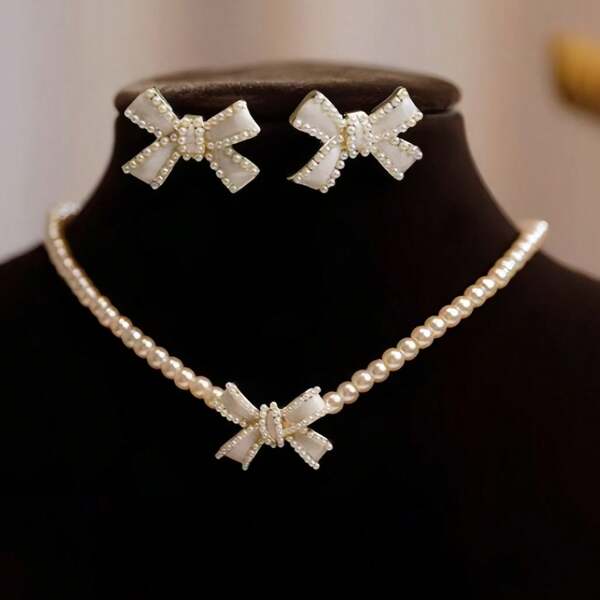 3-teiliges Perlenketten- und Ohrringe-Set mit Schleife, modisches, vielseitiges Schmuckdesign für Frauen