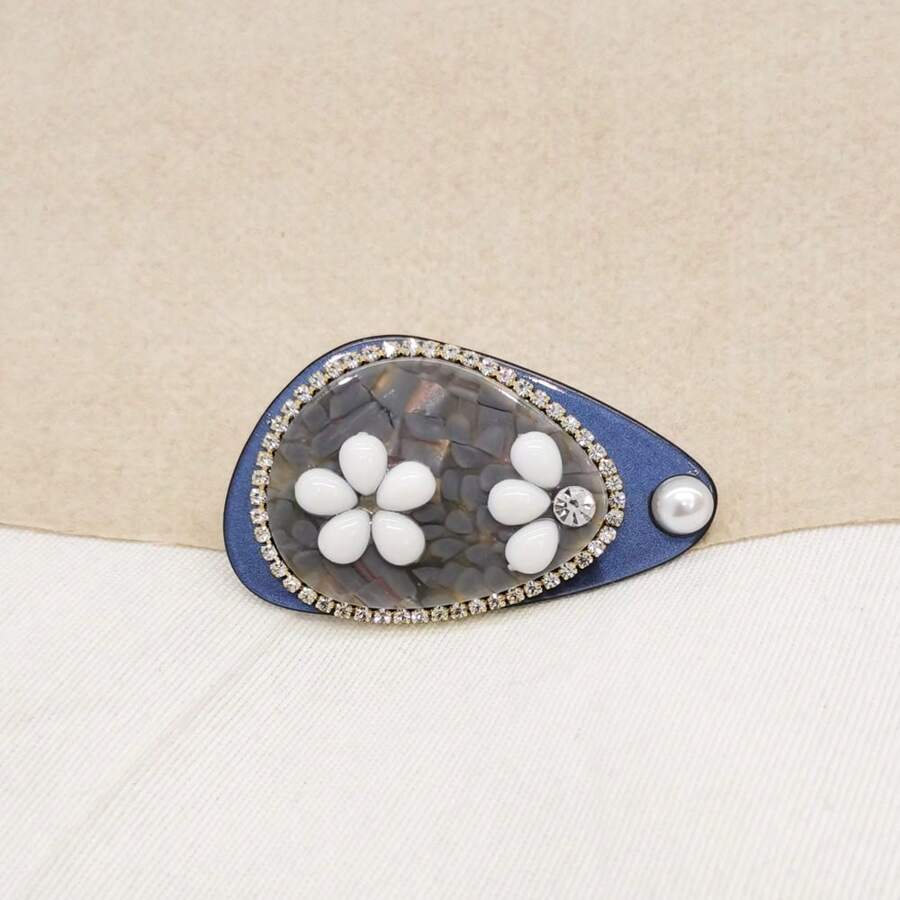 1pc Elegant Pearl Floral Accent Side Clip Hair Accessory With Rhinestones, Acetate, For Kids, Autumn/Winter - Blue - View 1