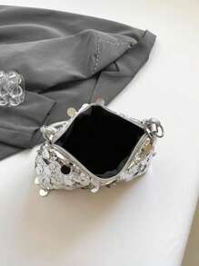 1pc Gold Color Crescent Moon Shape Glitter PVC Shoulder Bag For Women, New Send A Pink Wallet. - Silver - View 4