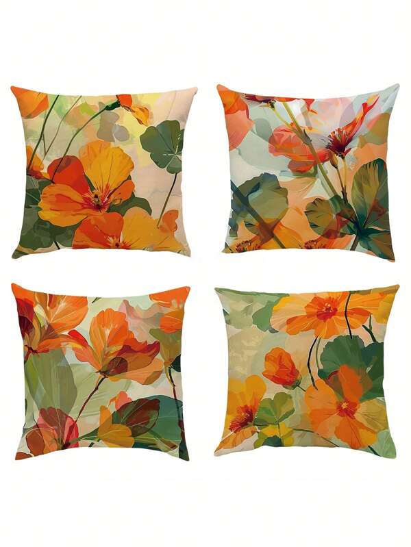 4 غطاء وسادة مطبوع برسومات زهور وأوراق، بطراز ريفي من المخمل البراق باللون الخوخي ذو طباعة من الوجه الواحد، بنقوش زهرية حيوية، من البوليستر غير مسبب للحساسية، قابل للغسل في الغسالة، تصميم فني حديث لديكور المنزل، غرفة النوم، صالة المعيشة، السيارة، بمقاس 45 سم x 45 سم [لا يشمل وسادة داخلية، طباعة من وجه واحد]