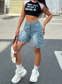 Quần short denim cạp cao rách, thiết kế gấu quần tua rua, khóa kéo và nút cài, có túi, kiểu dáng thường ngày và thời trang cho nữ mùa hè. - Rửa nhẹ - Xem 6