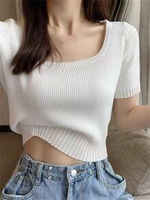 女士夏季时尚白色针织上衣，紧身短袖 - 白色 - 查看 2