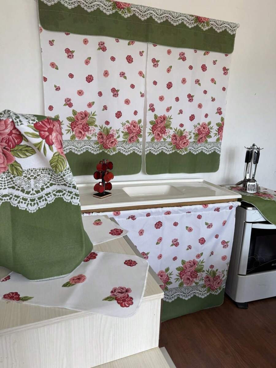 Kitchen Set Kit 10 Printed Pieces Window Curtain Table Runner Sink Curtain Tea Towel Placemat - flores rosa verde - 查看 1