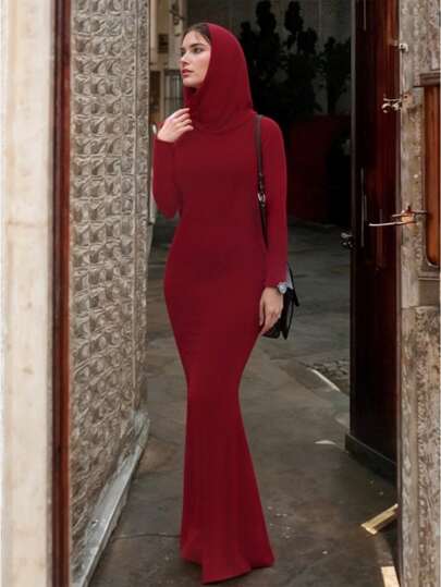 Vestido Largo Ajustado Tipo Arabe de Manga larga con Capucha para mujer de moda Casual