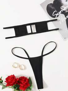 Erotic Lingerie Sexy Temptation Square Solid Color Summer Beach Series Cosplay Three Point , Rave - Black - View 6
