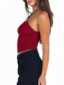 Women's Summer One Shoulder Tank Tops  Soft Stretchy Solid Color Floral For Daily Date Night Party - 酒紅色 - 查看 3