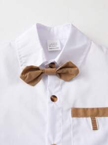 BOARNSEORL 2pcs/Set Young Boys Suspender Pants And Short Sleeve Shirt With Bowknot , Gentleman Style Fashionable Outfit For Birthday Party, Wedding, Summer