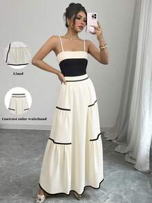 女士撞色滚边休闲半身裙，适合春夏穿着