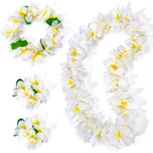 4 PCS Hawaiian Lei Set, White Luau Wreath Garland Hawaii Leis Flower Headpiece Necklace Bracelet Birthday Holiday Party Favor - Multicolor - View 1
