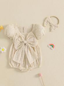 Fashionable Baby Girl Flower Jacquard Romper Short Sleeve Bodysuit With Bow Headband - Cute Summer Clothes That Make Every Baby Shine - Apricot - View 2