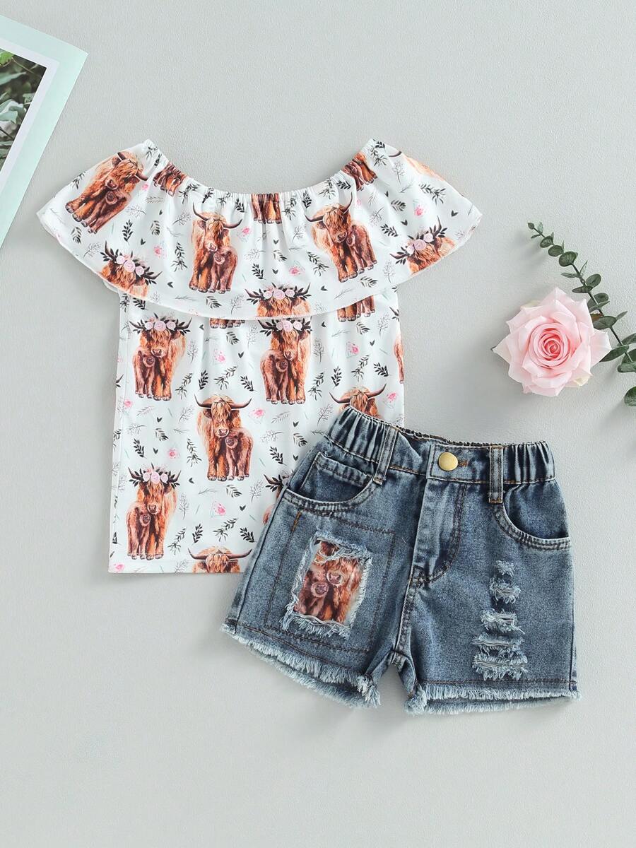 Western Baby Girls Clothes Cow Print Summer Tops And Elastic Ripped ...