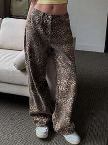 Women's Retro Fashion High Street Leopard Print Jeans, Loose Straight Hip-Hop Pants, Blended, Elegant Style, Long, Can Be Worn In All Seasons, Machine Washable - Màu Khaki - Xem 4