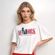 Playera corte oversized con tramado en costados y gráfico new york en rojo - New york - Ver 1