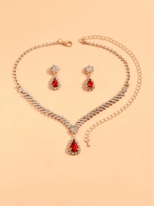 Fully Rhinestone Water Drop Pendant Necklace And Earrings Set - Silver - View 7