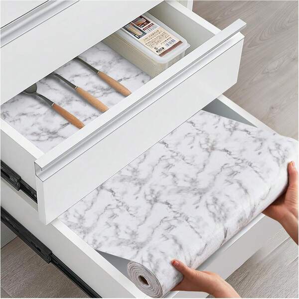 PVC Trimmable Drawer And Shelf Liner, Non-Slip Waterproof Shelf Liner For Kitchen Cabinet, Durable And Non-Sticky Refrigerator Liner, White Marble Convenient Liner For Drawers, Shelves, Cabinets, Storage, Vanity, Closets, Storage Liners, Kitchen And Desks (White Marble, 30cm X 150cm) Furniture Protection