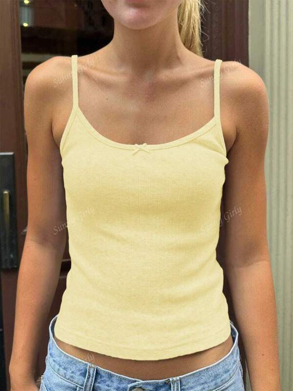 Top alla canotte casual e aderente da donna con fiocco, in stile Y2K, di colore giallo burro, adatto per la stagione della laurea
