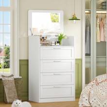 Tall White Dresser For Bedroom, 4 Drawer Dresser With Mirror, Modern Chest Of Drawers, Wood Closet Clothes Storage Organizer For Bedroom, White - 白色 - 查看 1