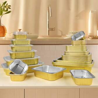 10/20pcs Assorted Sizes Gold Rectangular Aluminum Foil Take-Out Boxes, Aluminum Foil Baking Trays, Food Containers, Suitable For Baking, Heating, Storage, Preparing Food For Outdoor