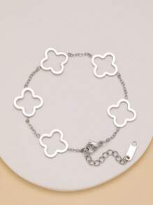 Polished Stainless Steel Four-Leaf Clover Zirconia Bracelet And Bangle Set, Fashionable Jewelry Accessories For Women, Suitable For Elegant Daily Wear And Party, Ideal Gift For Valentine's Day