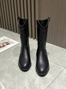 女童镂空刺绣西部牛仔靴，新款时尚中性儿童复古中筒靴，百搭马靴 - 黑色 - 查看 5