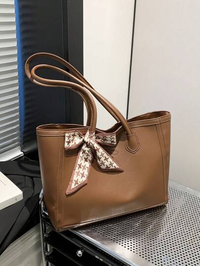 围巾装饰新款复古大号纯色单肩托特包女包，时尚金属链带斜挎单肩包，多用途双手柄休闲托特包单肩手提包，女士百搭工作包