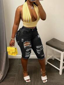 Women's Casual Distressed Raw Hem Denim Shorts With Pockets - Black - View 4