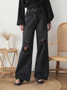 Vaqueros Anchos Rasgados Para Mujer - Negro - Ver 7