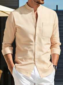 1 pièce Chemise à col montant à manches longues beige pour hommes, top polyvalent décontracté chic, coupe slim anti-froissage facile d'entretien, "Best-seller" Tenue de travail