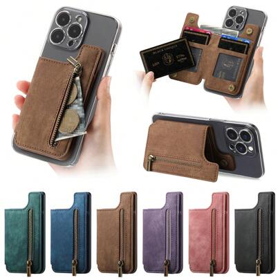 1 件复古 PU 皮革手机壳，带卡袋、拉链钱包、支架、通用桌面支架