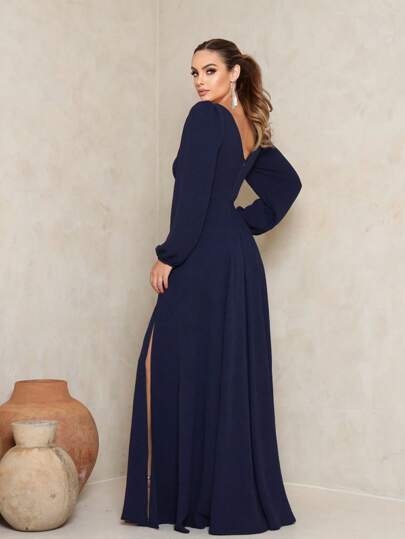 Vestido Longo Decote Quadrado Manga Longa Azul Marinho NM Nana Marie