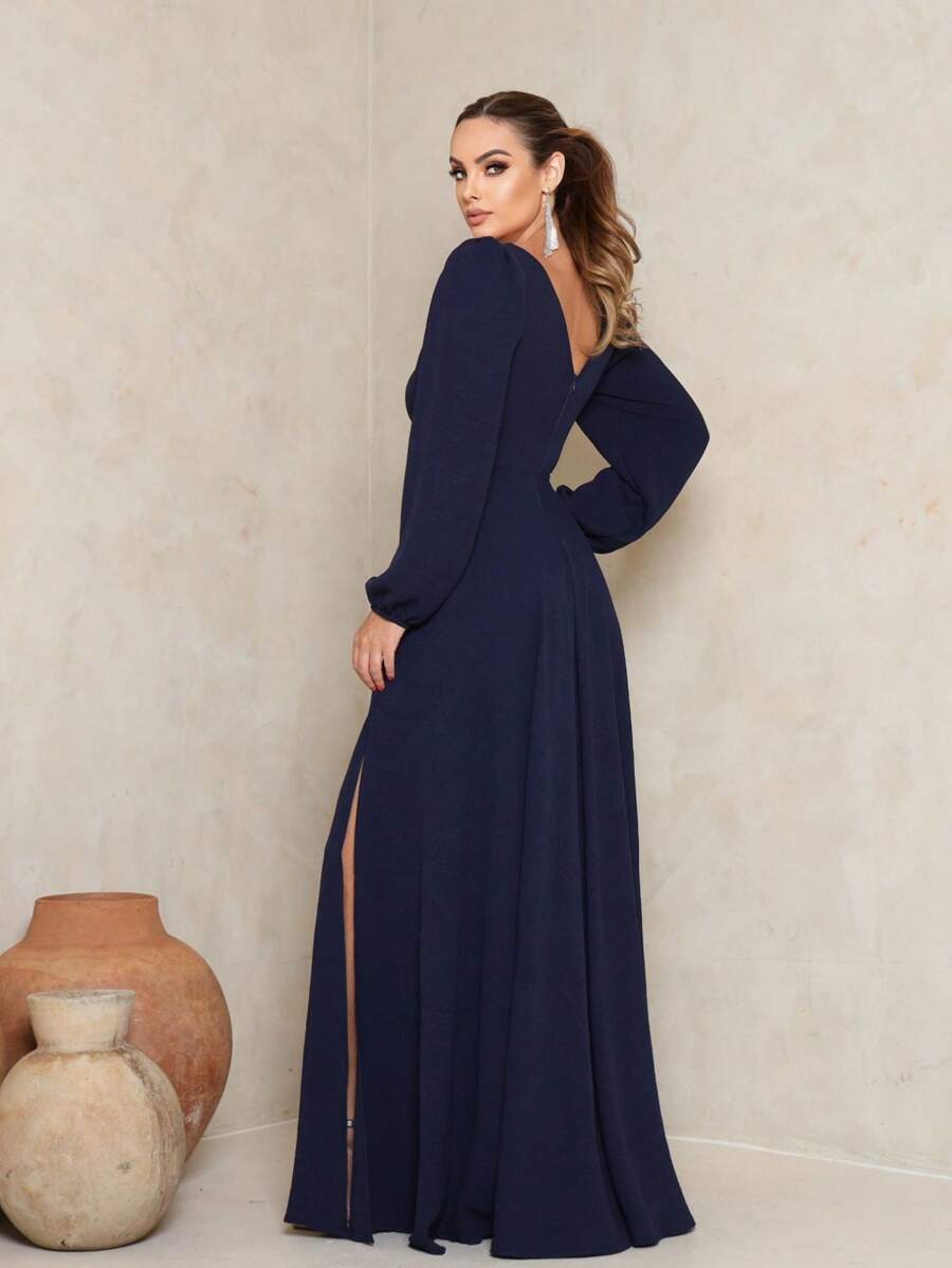 NM Nama Marie Navy Blue Square Neck Long Dress - 藏蓝色 - 查看 1