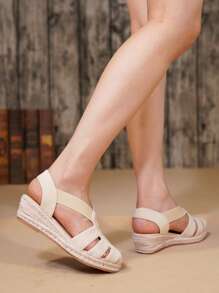 女士时尚黑色编织草绳镂空休闲度假厚底凉鞋 - 杏色 - 查看 5