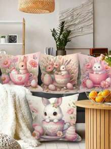 1 件复活节彩蛋兔子印花靠垫套 - 粉色桃皮枕套 45*45 厘米，家居沙发卧室装饰靠垫套 - 彩色 - 查看 1