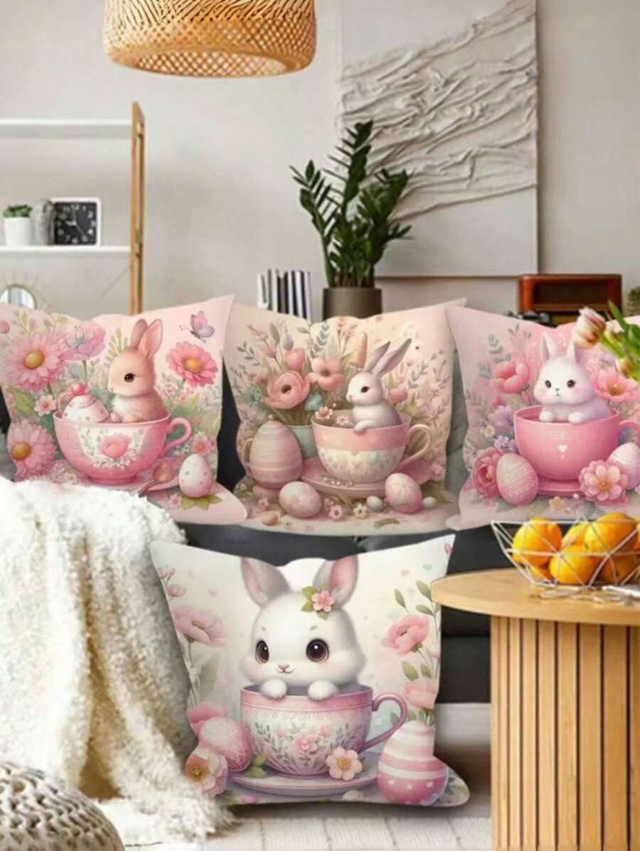 1 件复活节彩蛋兔子印花靠垫套 - 粉色桃皮枕套 45*45 厘米，家居沙发卧室装饰靠垫套 - 彩色 - 查看 1