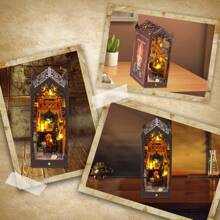 DIY书角套装 迷你娃娃屋带LED灯 3D拼图模型 木制书架书挡玩具 3D木制拼图书架内嵌装饰带灯 DIY迷你娃娃屋模型套装 魔法图书馆 教育成人生日礼物 书架内嵌书挡套装 圣诞礼物（注意：本产品不含胶水、电池或剪刀。由于组件较多，建议成人使用。）