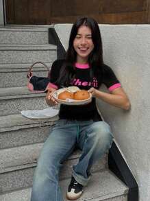 Spring/Summer American Casual Black Short Sleeve Design Letter Color Block T-Shirt Hot Girl Stretch Slim Short For Daily, Street, Commuting, Home And Other Occasions To Wear Women Knit Tops