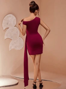 Persoshow 女士纯色不对称肩斜腰镂空不对称褶皱系带紧身迷你春夏连衣裙，正式舞会礼服，适合婚礼嘉宾、毕业典礼、晚宴、音乐节 - 酒紅色 - 查看 2