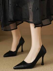 Black Pointed-Toe Pearl Decor Thick Heel Slip-On High Heels