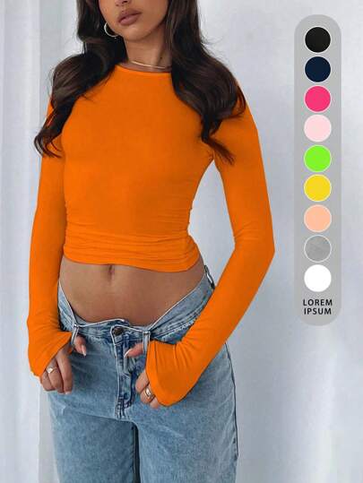 Camiseta básica de mujer de manga larga, ajuste ceñido, cuello redondo, de estilo casual y sencillo, en unicolor, para primavera y otoño, con estilo sexy y moderno.