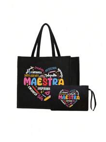 Maestra 手提袋和化妆包套装，包含 1 个手提袋和 1 个零钱包，大容量亚麻购物袋，饰有心形图案、铅笔、尺子、花朵、回形针图案，可收纳护肤品和化妆品。 - 黑色 - 查看 12