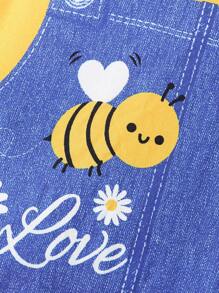 女童无袖连衣裙，春夏无袖连衣裙，卡通蜜蜂印花，柔软面料，亲肤材质，休闲风格，日常穿着，适合4-7岁女孩，女童蜜蜂印花无袖连衣裙 - 黃色 - 查看 7