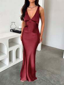 Đầm hè Look Polly dành cho nữ, đầm maxi lụa màu trơn, đầm hai dây phù hợp cho đám cưới, mùa thu, đi học và các dịp khác, đầm dự tiệc trễ vai, đầm dài cổ chữ V thanh lịch và gợi cảm. - Màu Đỏ Sâu - Xem 6