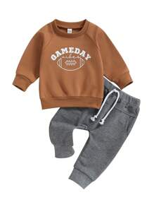 Toddler Boys 2PCS Pants Sets Long Sleeve Letter Rugby Print Sweatshirt Tops And Drawstring Pants - Brown - View 6