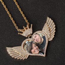 Customized Photo Personalized Crown Angel Wings Gemstone Engraved Heart Tag Photo Necklace, Stainless Steel Gift For Loved Ones, Wedding Anniversary, Valentine's Day, Jewelry Accessory
