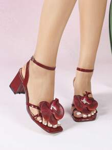 女士高跟凉鞋，粗跟方头3D立体花卉百合花纹皮革性感露趾优雅派对鞋，玫瑰红，春夏装扮 - 玫瑰紅 - 查看 4