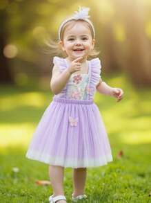 Baby Girls Butterfly Embroidered Dress Flutter Sleeve Tulle Princess Dress With Ruffles Birthday Outfit - Purple - View 7