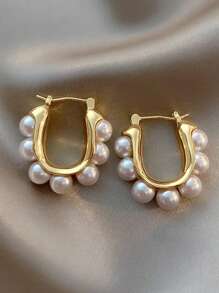 1 Cặp Hoa tai vòng tròn hình chữ U trang trí ngọc trai giả kiểu Pháp cổ điển, thời trang tối giản phù hợp với trang phục hàng ngày của phụ nữ - Vàng - Xem 2