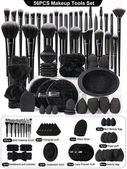 56PCS Makeup Tools Set Including:30PCS Makeup Brush Set Includes Powder Brush,+6PCS Makeup Sponges+3PCS Mini Makeup Sponges+6PCS Triangle Powder Puffs+3PCS Mini Air Cushion Powder Puffs+1pc Hairband+2PCS Hand Bowl Strap+2PCS Makeup Brush Cleaning Tools+3PCS Facial Cleansing Sponges.Highlight Brush,Nose Shadow Brush,Detail Brush,Outline Brush,Eyelash Brush,Foundation Make-Up Brush,Facial Brush,Concealer Brush,Eye Shadow Brush Set, Eyelash