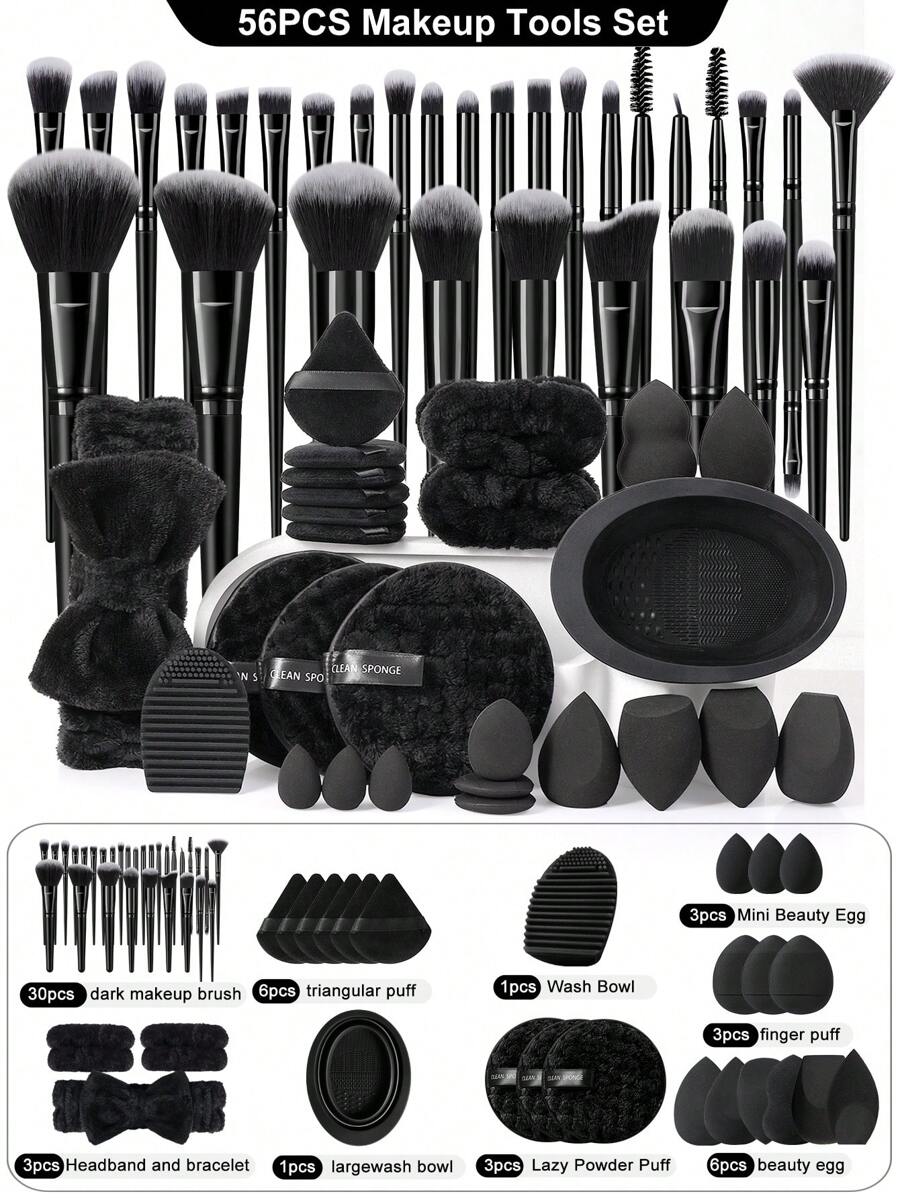 56PCS Makeup Tools Set Including:30PCS Makeup Brush Set Includes Powder Brush,+6PCS Makeup Sponges+3PCS Mini Makeup Sponges+6PCS Triangle Powder Puffs+3PCS Mini Air Cushion Powder Puffs+1pc Hairband+2PCS Hand Bowl Strap+2PCS Makeup Brush Cleaning Tools+3PCS Facial Cleansing Sponges.Highlight Brush,Nose Shadow Brush,Detail Brush,Outline Brush,Eyelash Brush,Foundation Make-Up Brush,Facial Brush,Concealer Brush,Eye Shadow Brush Set, Eyelash - Black - View 1